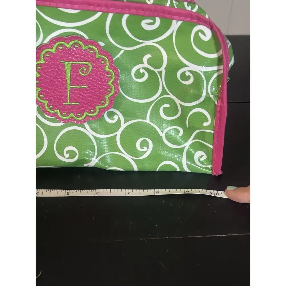 Monogram F Green Pink Swirl Cosmetic Makeup Bag Travel Organizer 10” 4”